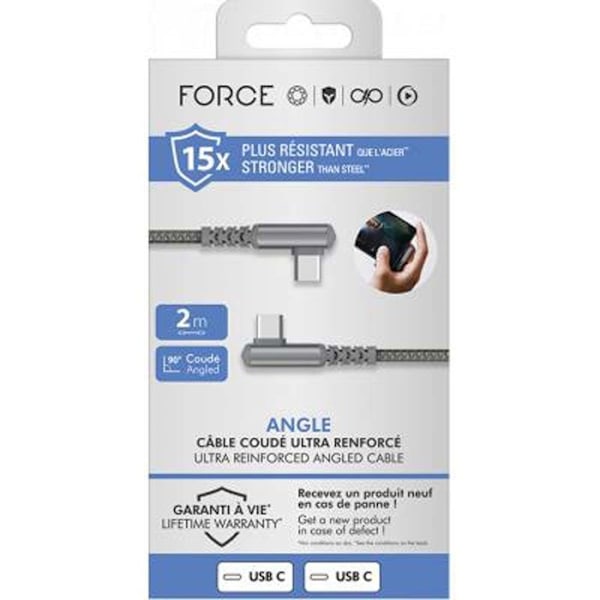 Ultraforstærket USB C/USB C vinklet kabel 2m 60W Grå - Force Power Livstidsgaranti