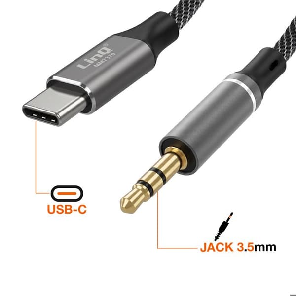 USB-C - 3.5mm Jack - Audiojohto Autoradiolle / Kaiuttimelle, 1m, LinQ Musta