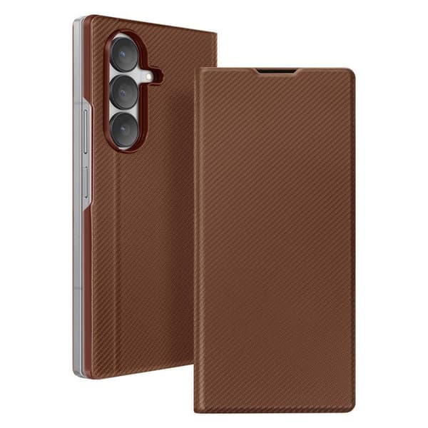 Folio-etui til Galaxy Z Fold 7 med tekstureret finish og supportsfunktion brun kastanj