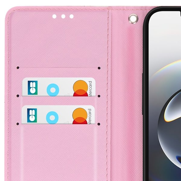 iPhone 16:lle suunniteltu flamingokuviollinen kuori, jossa on hihna ja vaaleanpunainen korttitasku Rosa