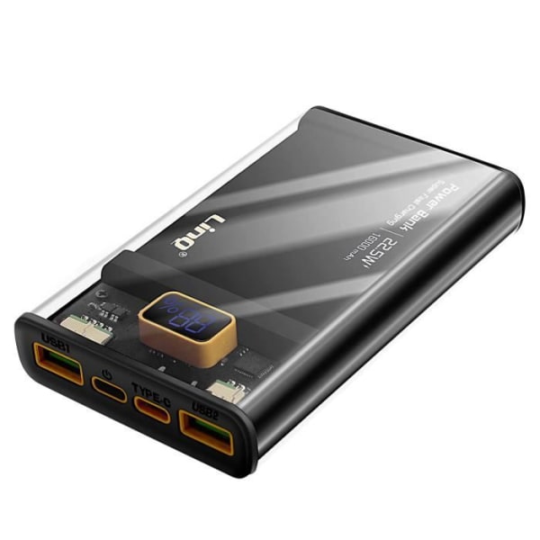 Powerbank 16000mAh USB-C 20W + 2 USB 22,5W LED-skærm LinQ TM16002 Sort Svart Transparent