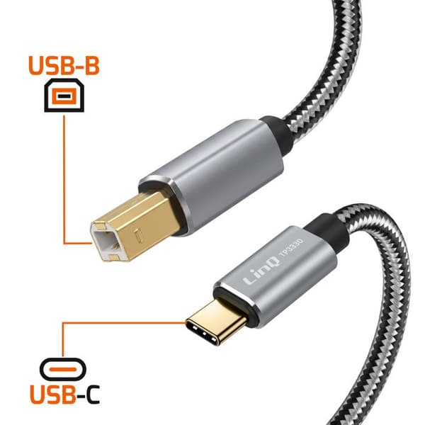 USB-C til USB-B 2.0 480Mbps kabel til printer i flettet nylon 3m LinQ Grå