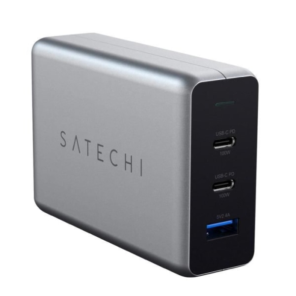 Nätladdare GaN 100W 2 USB-C PD + USB Kompakt design Satechi Space Grey