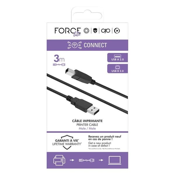 USB-kabel - FORCE POWER - USB-B till USB-A - USB 2.0 480 Mbps - 3 m - Dubbel skärmning Svart
