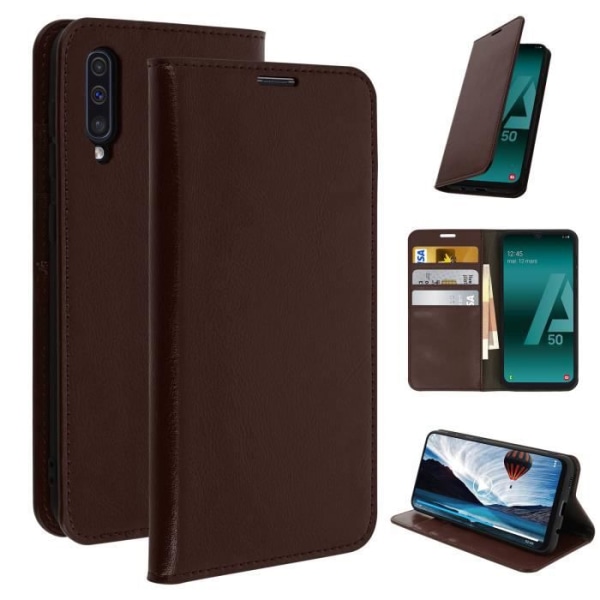 Suojakuori Samsung Galaxy A50 Plus Nahkainen Folio Cover Video Tuki Ruskea Ruched