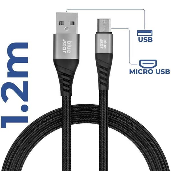 USB til mikro-USB-kabel 2A ladesynkronisering Nylonflettet 1,2 m Blå Stjerne Sort Svart