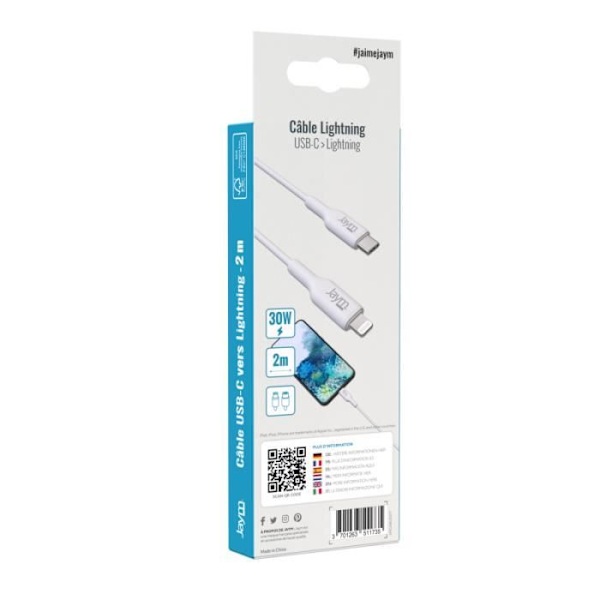 Lataus- ja tiedonsynkronointikaapeli USB-C / Lightning MFI PD 3.0 3A 2M Jaym White Vit
