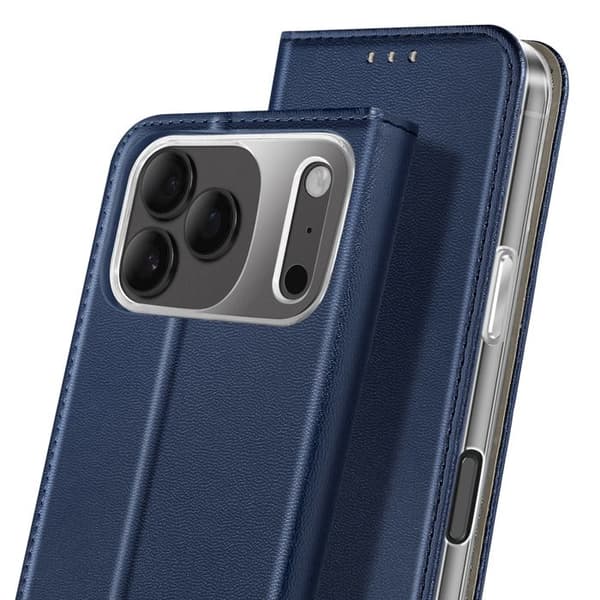 Foliofodral - AVIZAR - iPhone 17 Pro - Mörkblå konstläder - Kortfäste - Video Stöd Blå