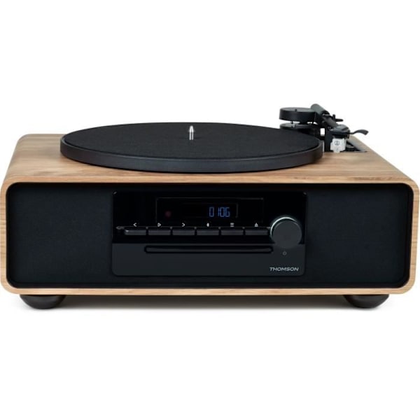 Bluetooth mikrosystem med pladespiller - THOMSON - Sort/Træ - FM/CD/MP3/USB radio, 60W, Pladeafspiller, Equalizer, Strømforsyning. 230V trä och svart