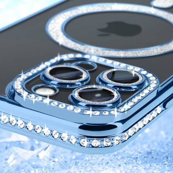 Diamantfodral för iPhone 15 Pro - AVIZAR - MagSafe Protection - Rhinestone Contour - Ljusblå Blå