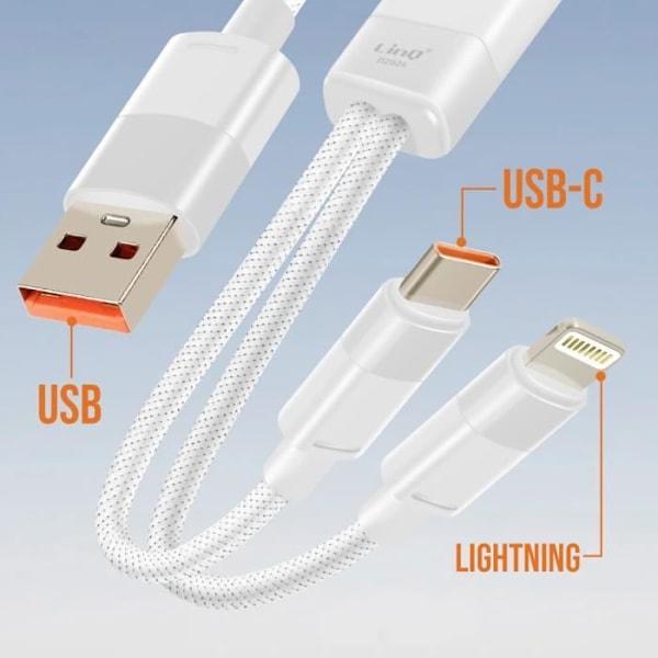 LinQ White USB til Lightning og USB-C lade- og synkroniseringskabel 60W