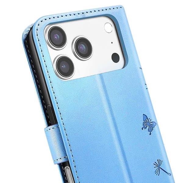 Pung Etui - ZANAÉ - iPhone 17 Pro Max - Syntetisk læder - Dandelion og Sommerfugl Mønster - Lys blå Blå