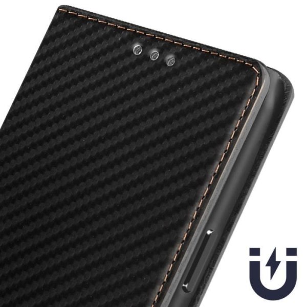 Etui til iPhone 15 Plus - AVIZAR - Carbon Effect - Pung - Video Support - Sort Svart