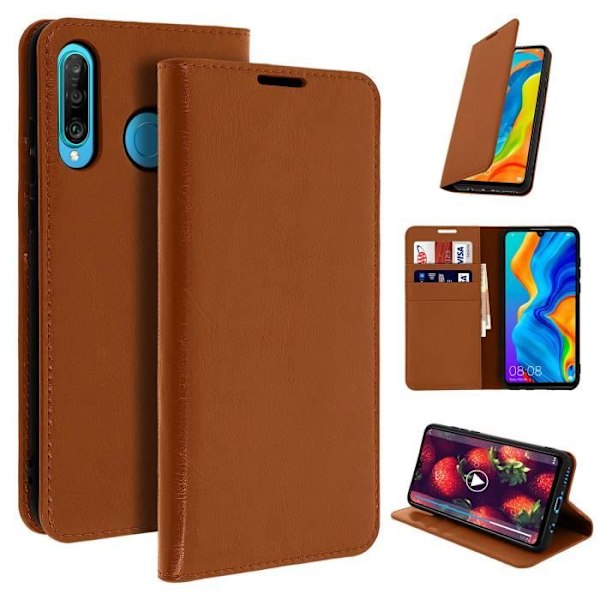 Étui Huawei P30 Lite - AVIZAR - Hållare Folio Läder - Videostöd - Brun - Semi-rigid Camel Brown