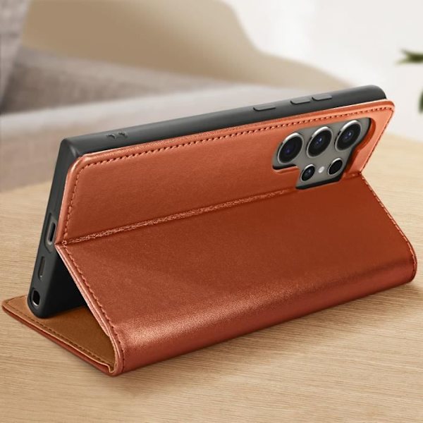 Etui til Samsung Galaxy S24 Ultra - AVIZAR - Ægte læder - Brun - Kortholder kastanj