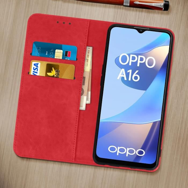 Fodral - AVIZAR - Oppo A16/A16s - Röd Syntetläder - Stiff - Horisontellt Stöd Röd