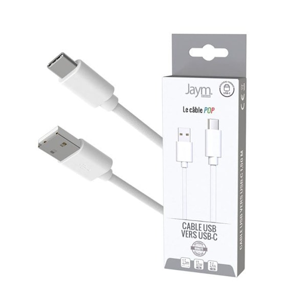 USB-C til USB-A 3A Opladning og synkronisering POP-kollektion 1,5m Jaym Hvid Vit