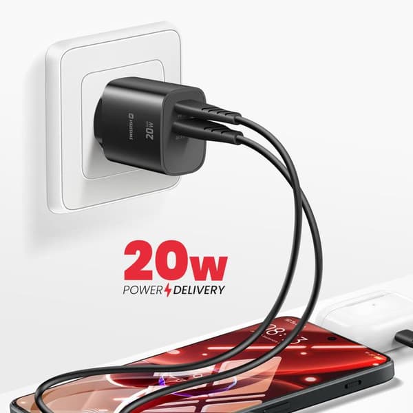 USB-C 20W Power Delivery og USB-A Quick Charge 3.0 18W Swissten Sort Svart
