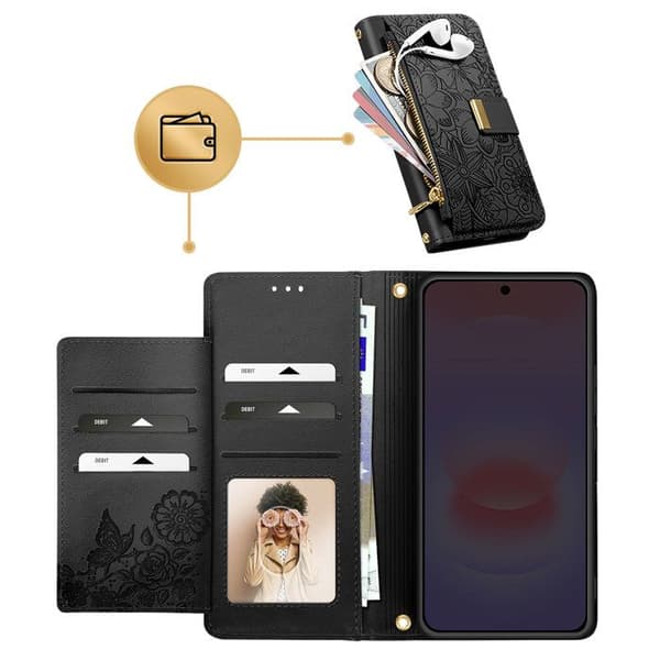 Pungetui til Galaxy A56 med blomsterdesign og integreret lynlåslomme i sort Svart