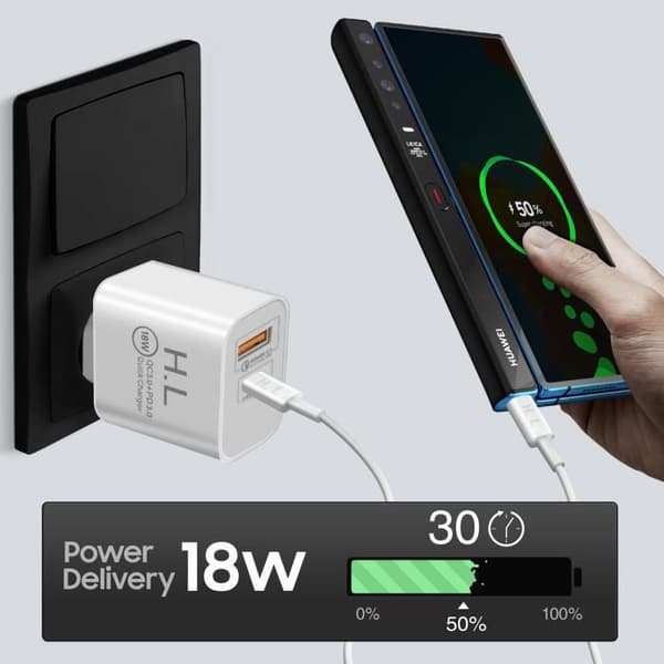 Strømadapter - Power Delivery - 18W - USB-C - Quick Charge 3.0 - Kabel inkluderet 1m Vit