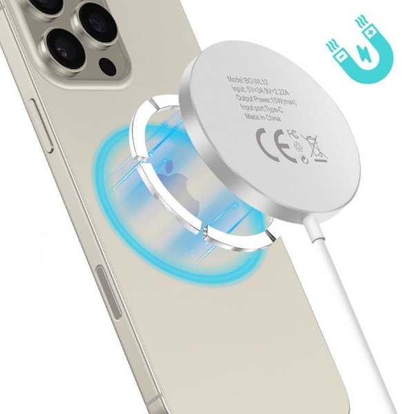 MagSafe-laddare för iPhone 15W med USB-C-kabel 1m Kompakt Bwoo Vit Vit