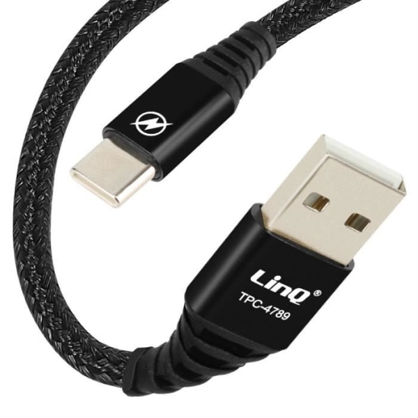 USB til USB C-kabel Nylonflettet 1,5 m opladning og filoverførsel LinQ Sort Svart