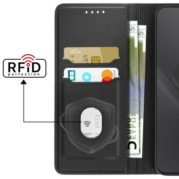Pungetui til Poco X8 Pro Max Litchi Tekstur med RFID Blokering Sort Svart
