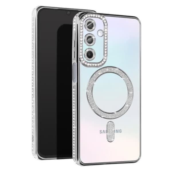 Mobilskal - AVIZAR - Samsung Galaxy A15 - Strasskanter - Magnetring - Transparent baksida Grå