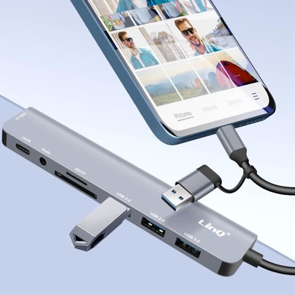 USB Hub OTG-understøttelse 5 Gbps SD / TF-kortlæser og 3,5 mm lydstik LinQ Grå