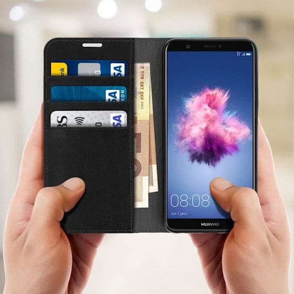 Huawei-fodral - P Smart - Folio-läderfodral - Video Stöd - Svart - Heltäckande skydd Svart