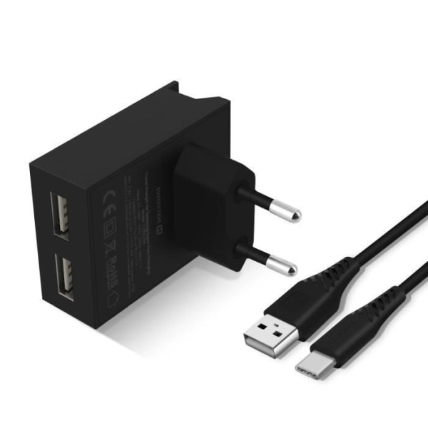 Dobbelt USB vægoplader - Swissten - Slim Series - 3A - USB-C kabel 1.2m - Smart IC Svart