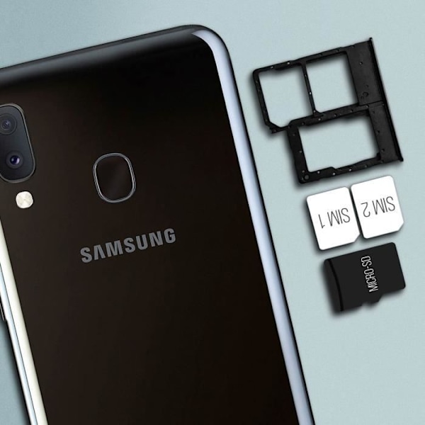 Kortbakke - Samsung - Galaxy A20e - 2x Nano SIM - Micro SD - Sort Svart