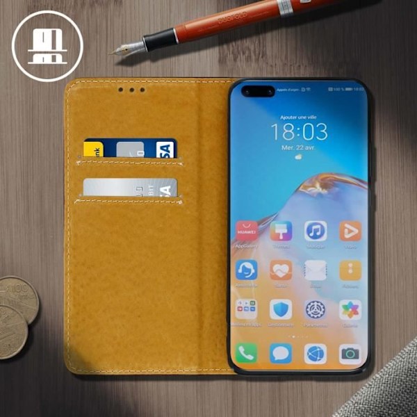 Etui - AVIZAR - Huawei P40 - Äkta Läder - Videostöd - Inbyggd kortficka Svart