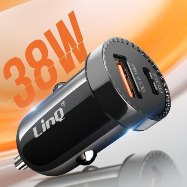 Bilcigarettænderoplader 38 W Strømforsyning + USB Quick Charge LinQ Sort Svart