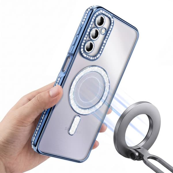 Cover til Galaxy A14 4G / 5G Kompatibel med MagSafe med Blå Rhinsten Kant Blå