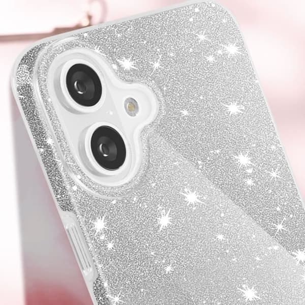 iPhone 16 cover - ADVARSEL - Sølv Paillette - Kradsresistent - Triple lag - Letvægtsdesign Grå