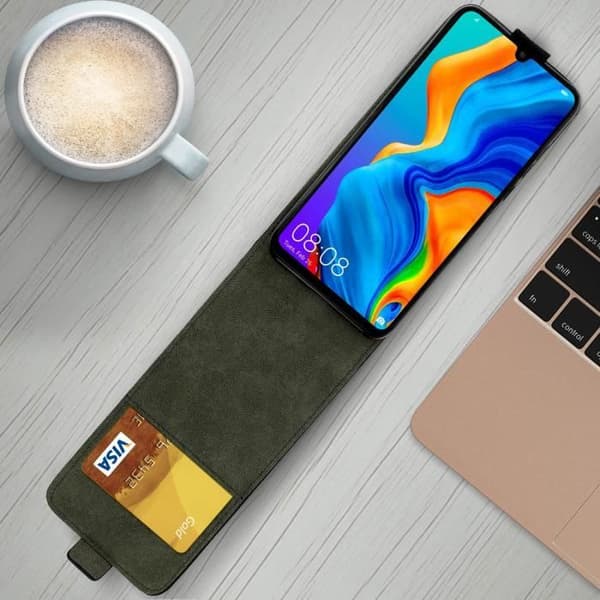 Huawei P30 Lite -kotelo, pystysuora läppä, korttipaikka, musta