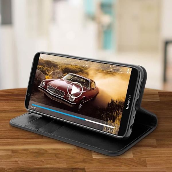 Huawei-fodral - P Smart - Folio-läderfodral - Video Stöd - Svart - Heltäckande skydd Svart
