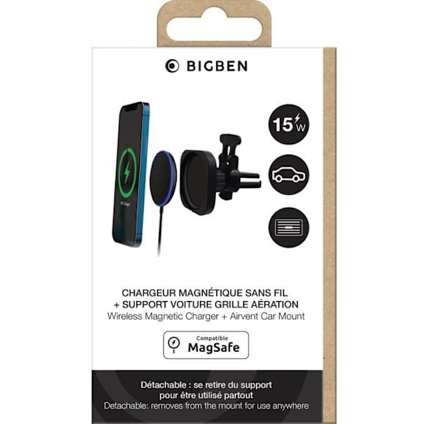 2 i 1 MagSafe 15W induktionsoplader med bilholder Air Vent BigBen Connected Black Svart