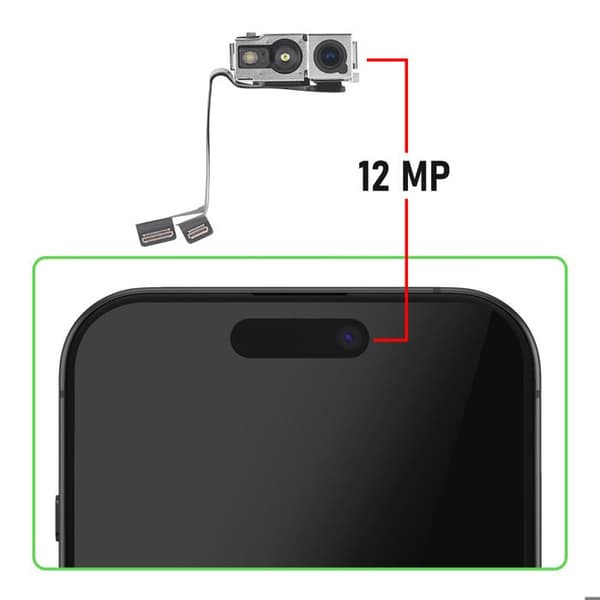 iPhone 16 Pro:n etukamera TrueDepth -moduuli Face ID -antureilla, hopea Grå