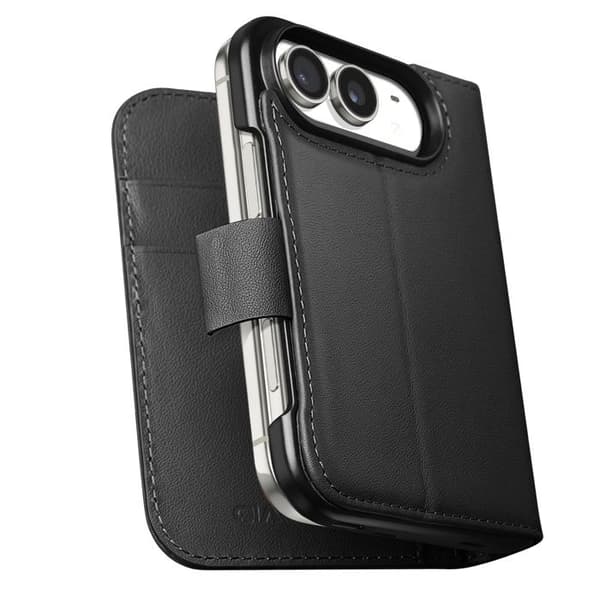 Qialino Svart Läder Plånboksfodral för iPhone Duo med Fällbart Stöd Svart