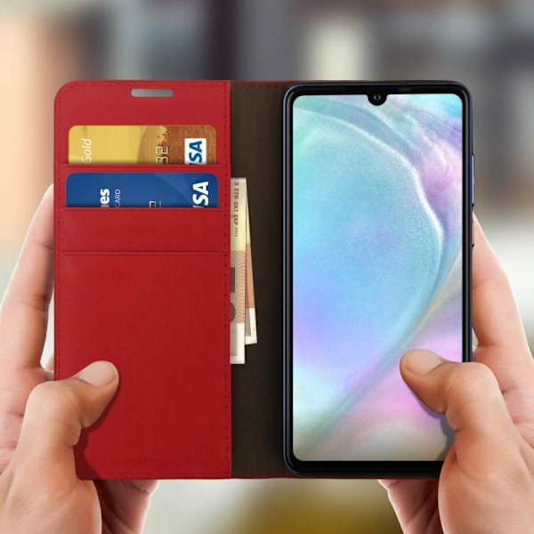 Huawei P30-fodral - Folio-skydd - Äkta läder - Videostöd - Röd - Heltäckande skydd Röd