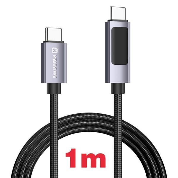 USB-C-kabel - SWISSTEN - 1m - 60W Power Delivery - LED-skärm - Flätad nylon