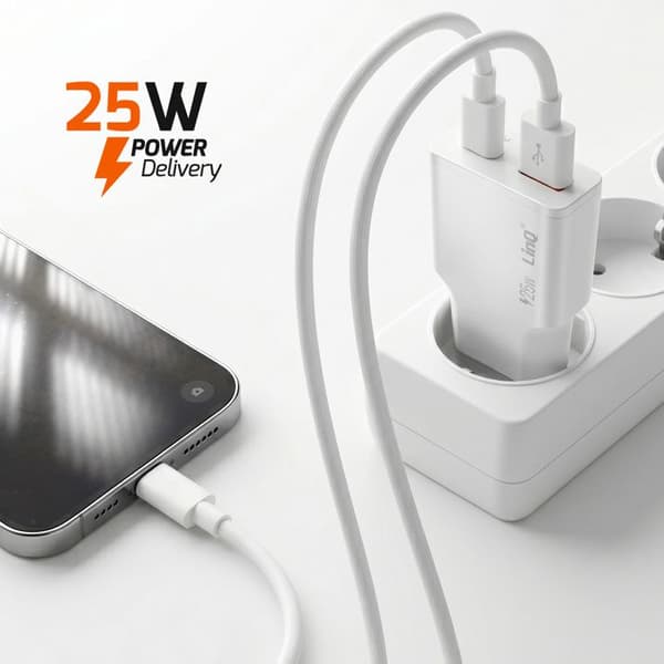 Extra platt väggladdare med dubbla USB-C och USB 25W LinQ vit Vit