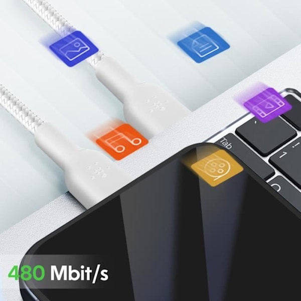 Pack av 2 USB C-kablar med Power Delivery 60W Certifierad USB-IF Nylonflätad Belkin Vit Vit