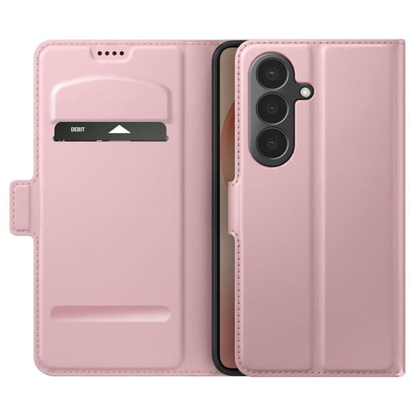 Plånboksfodral för Galaxy S26 Slät Läderlook med Videostöd Rosa Ros