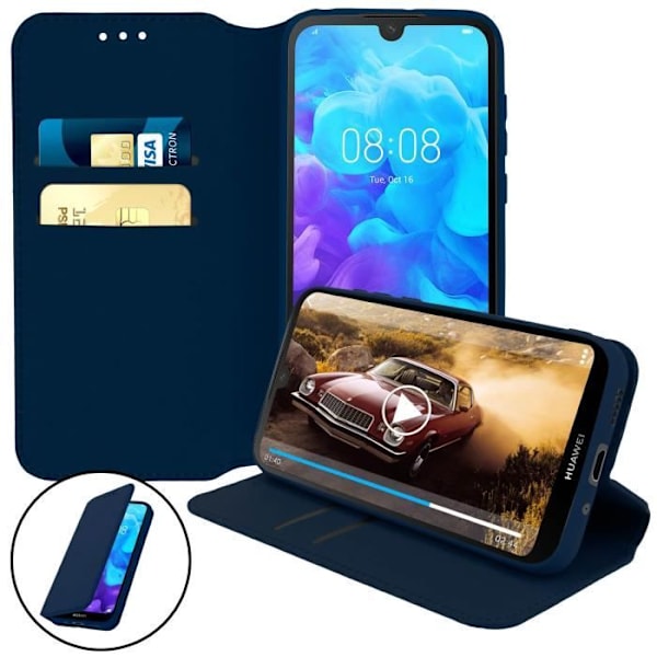 Housse - AVIZAR - Huawei Y5 2019 - Wallet Cover - Øko-læder - Video Støtte Midnattsblå