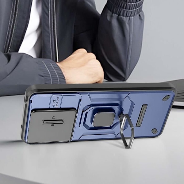 Coque för Xiaomi Redmi 13 med ringstöd och glidande kameraskydd i blå natt. Blå