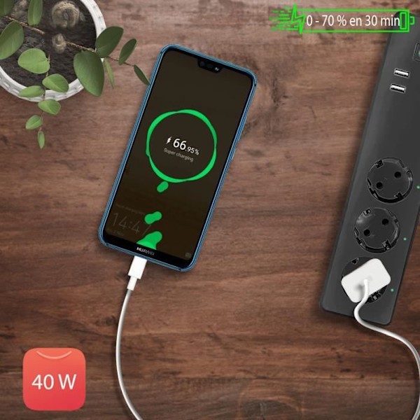 USB-strömadapter - Huawei - SuperCharge 40W - Snabbladdning - USB Type-C-kabel inkluderad - Vit Vit