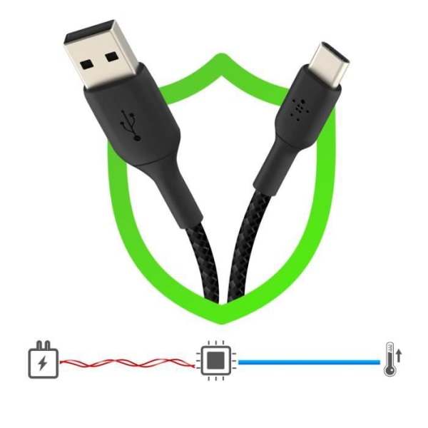 USB till USB-C-kabel 18W flätad nylon 2m Charge and Synchro Belkin svart